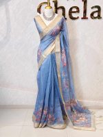 Chanderi with Lily-inspired digital prints on the bottom body and pallu with intricate aari work detailing - Image 12