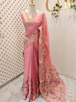 Chanderi silk with floral digital prints with aari embroidery detailing on the pallu and bottom of the body - Image 12