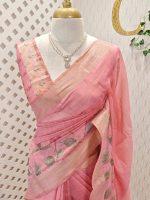 Chanderi silk with floral digital prints with aari embroidery detailing on the pallu and bottom of the body - Image 10