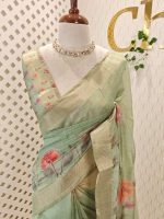 Chanderi silk with floral digital prints with aari embroidery detailing on the pallu and bottom of the body - Image 8