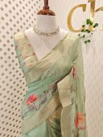 Chanderi silk with floral digital prints with aari embroidery detailing on the pallu and bottom of the body - Image 7