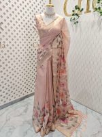 Chanderi silk with floral digital prints with aari embroidery detailing on the pallu and bottom of the body - Image 6