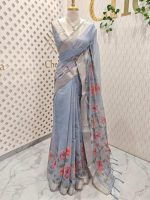 Chanderi silk with floral digital prints with aari embroidery detailing on the pallu and bottom of the body - Image 3