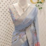 Chanderi silk with floral digital prints with aari embroidery detailing on the pallu and bottom of the body