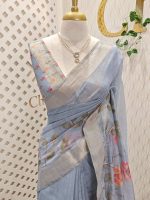 Chanderi silk with floral digital prints with aari embroidery detailing on the pallu and bottom of the body