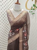 Chanderi silk with floral vien digital prints on the body with aari work detailing