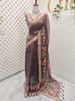 Chanderi silk with floral vien digital prints on the body with aari work detailing - Image 3