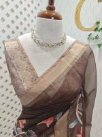 Chanderi silk with floral vien digital prints on the body with aari work detailing - Image 2