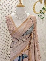 Chanderi silk with village scene-inspired hand-painted digital prints motifs allover the body - Image 4