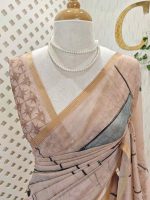 Chanderi silk with village scene-inspired hand-painted digital prints motifs allover the body - Image 5