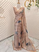 Chanderi silk with village scene-inspired hand-painted digital prints motifs allover the body - Image 6