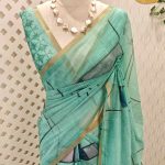 Chanderi silk with village scene-inspired hand-painted digital prints motifs allover the body