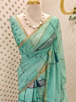 Chanderi silk with village scene-inspired hand-painted digital prints motifs allover the body