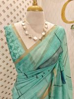 Chanderi silk with village scene-inspired hand-painted digital prints motifs allover the body - Image 2