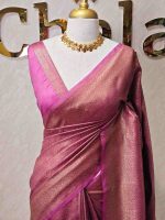 Georgette Banarasi with paisley-inspired zari woven motifs on the body and a traditional zari border