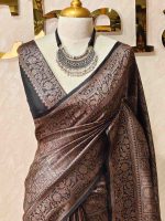 Georgette Banarasi with jacquard-woven floral jaal, and paisley motifs on a check-pattern body,with a traditional zari border