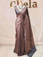 Georgette Banarasi with jacquard-woven floral jaal, and paisley motifs on a check-pattern body,with a traditional zari border - Image 3