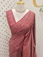 Georgette Banarasi with jacquard-woven floral jaal, and paisley motifs on a check-pattern body,with a traditional zari border - Image 10