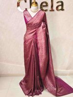 Georgette Banarasi with jacquard-woven floral jaal, and paisley motifs on a check-pattern body,with a traditional zari border - Image 6