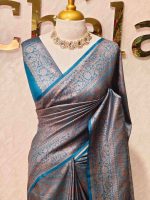 Georgette Banarasi with jacquard-woven floral jaal, and paisley motifs on a check-pattern body,with a traditional zari border - Image 7
