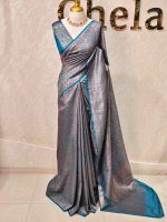 Georgette Banarasi with jacquard-woven floral jaal, and paisley motifs on a check-pattern body,with a traditional zari border - Image 9