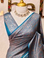 Georgette Banarasi with jacquard-woven floral jaal, and paisley motifs on a check-pattern body,with a traditional zari border - Image 8