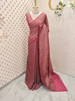 Georgette Banarasi with jacquard-woven floral jaal, and paisley motifs on a check-pattern body,with a traditional zari border - Image 15
