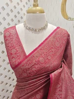 Georgette Banarasi with jacquard-woven floral jaal, and paisley motifs on a check-pattern body,with a traditional zari border - Image 14