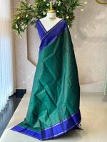 Kanjeevaram saree with fine zari checks on the body and contrast plan border with zari stripes - Image 3