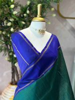 Kanjeevaram saree with fine zari checks on the body and contrast plan border with zari stripes - Image 2