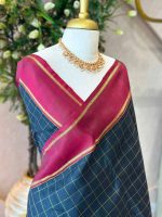 Kanjeevaram saree with plain contrast border and check design all over the body - Image 2