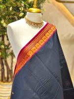 Kanjee cotton with small buttas on the body and contrast zari border with floral geometric woven detailing - Image 2