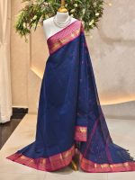 Kanjee cotton with minimal buttas allover the body and contrast peacock motif woven border - Image 3