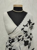 Net kota with floral vien applique embroidery design on the body and scallope border - Image 3