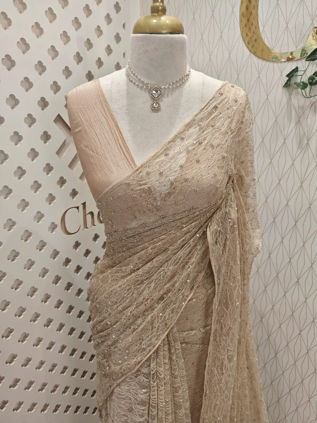 CNS2423-CHPBG_00001 Net saree with Dense sequins, bead embroidery and floral like vine motifs - Image 1