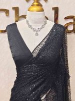 Net saree with abstract silver thread embroidery and scattered sequins all over - Image 5