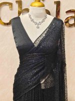 Net saree with abstract silver thread embroidery and scattered sequins all over - Image 4