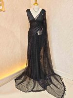 Net saree with abstract silver thread embroidery and scattered sequins all over - Image 6