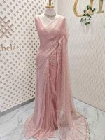 Net saree with abstract silver thread embroidery and scattered sequins all over - Image 18