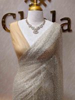 Net saree with abstract silver thread embroidery and scattered sequins all over - Image 9
