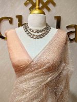 Net saree with abstract silver thread embroidery and scattered sequins all over - Image 11