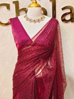 Net saree with abstract silver thread embroidery and scattered sequins all over - Image 13