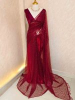Net saree with abstract silver thread embroidery and scattered sequins all over - Image 15