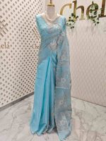 Organza with all over floral tread embroidery and zari line detailing - Image 3
