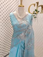 Organza with all over floral tread embroidery and zari line detailing