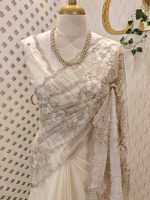 Organza with all over floral tread embroidery and zari line detailing - Image 4
