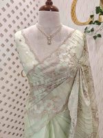 Organza with all over floral tread embroidery and zari line detailing - Image 7