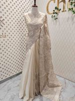 Organza with floral ikat-style embroidered pattern and double scalloped boarder - Image 6