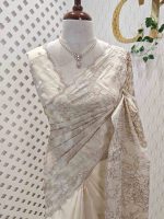 Organza with floral ikat-style embroidered pattern and double scalloped boarder - Image 4