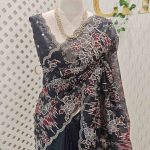 Organza with floral ikat-style embroidered pattern and double scalloped boarder